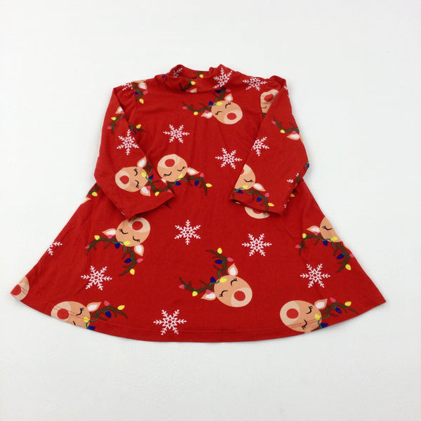 Snowflakes & Reindeer Red Jersey Dress - Girls 12-18 Months