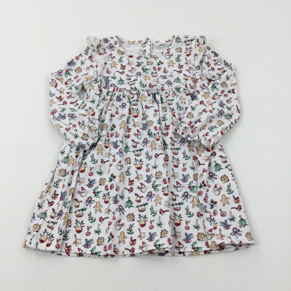 Gingerbread Men & Candy Canes White Jersey Dress - Girls 12-18 Months