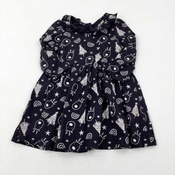 Rainbows & Reindeer Black Jersey Dress - Girls 12-18 Months