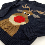 Rudolph Appliqued Mottled Navy Knitted Jumper - Boys 6-7 Years