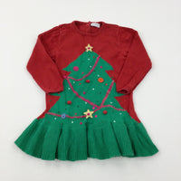 Christmas Tree Embroidered Red & Green Knitted Dress - Girls 12-18 Months