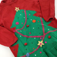 Christmas Tree Embroidered Red & Green Knitted Dress - Girls 12-18 Months