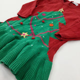 Christmas Tree Embroidered Red & Green Knitted Dress - Girls 12-18 Months