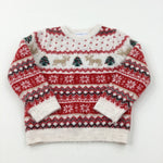 Reindeer & Christmas Trees Red & Cream Knitted Jumper - Girls 5-6 Years