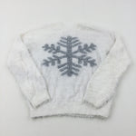 Snowflake Sparkly White Fluffy Knitted Jumper - Girls 10-11 Years