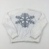 Snowflake Sparkly White Fluffy Knitted Jumper - Girls 10-11 Years