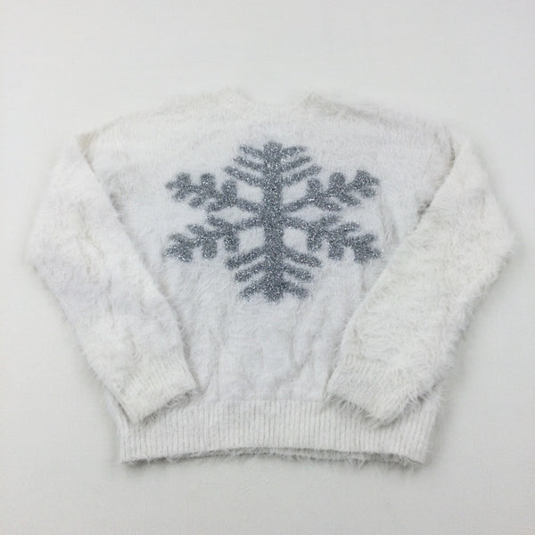 Snowflake Sparkly White Fluffy Knitted Jumper - Girls 10-11 Years