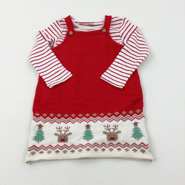 Reindeer Red Knitted Dungaree Dress & Striped Long Sleeve Bodysuit Set - Girls 12-18 Months