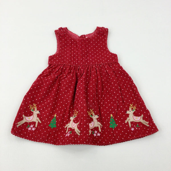 Reindeer Appliqued Spotty Red Cord Dungaree Dress - Girls 12-18 Months