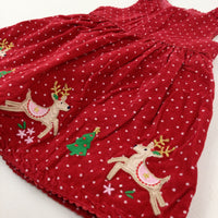 Reindeer Appliqued Spotty Red Cord Dungaree Dress - Girls 12-18 Months