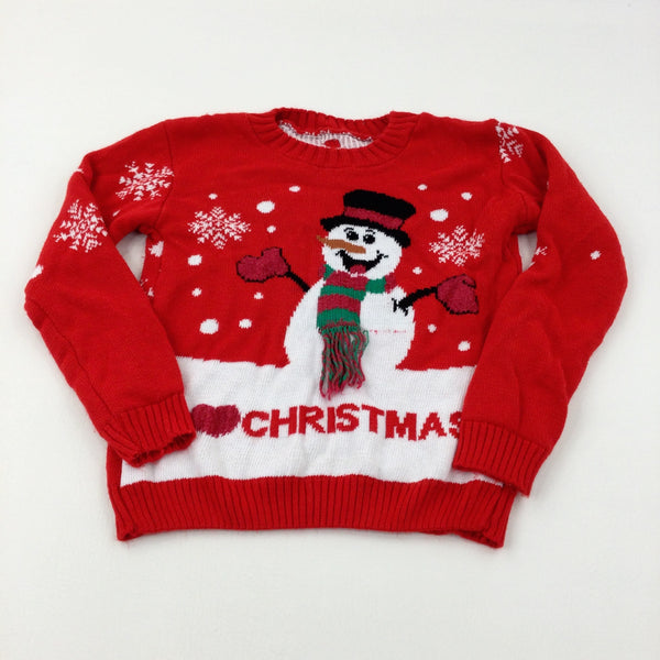 'I Love Christmas' Snowman Red & White Knitted Jumper - Girls 9-10 Years