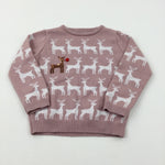 Reindeer Sequinned Dusky Pink Knitted Jumper - Girls 18-24 Months