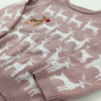 Reindeer Sequinned Dusky Pink Knitted Jumper - Girls 18-24 Months