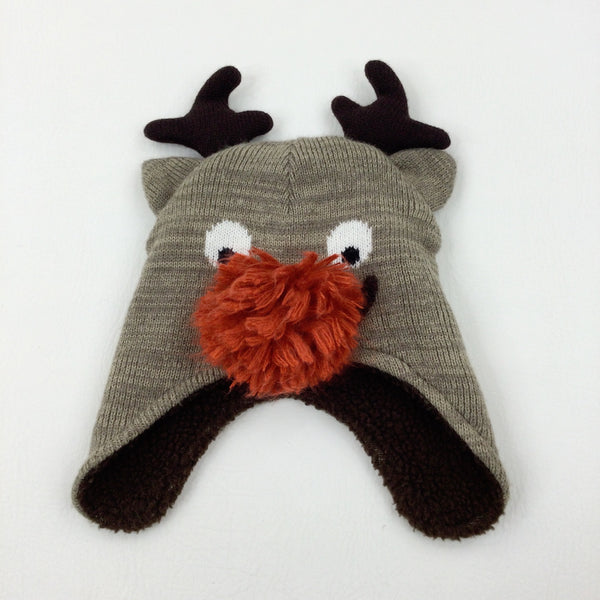 Rudolph Fleece Lined Beige Knitted Winter Hat - Boys/Girls 3-6 Years