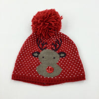 Reindeer Sequinned Hearts Red Knitted Winter Hat - Girls 3-6 Years