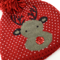 Reindeer Sequinned Hearts Red Knitted Winter Hat - Girls 3-6 Years