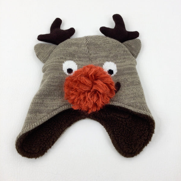 Rudolph Fleece Lined Beige Knitted Winter Hat - Boys/Girls 3-6 Years