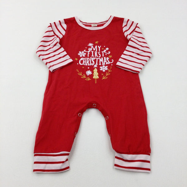 'My First Christmas' Red Striped Jersey Romper - Boys/Girls 18-24 Months