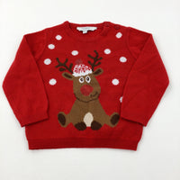 Rudolph Snowing Red Knitted Jumper - Girls 9-12 Months