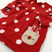 Reindeer Spotty Glittery Red Jersey Dress - Girls 6-9 Months