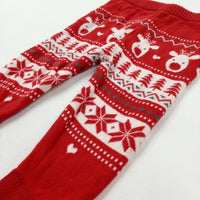 Snowflakes & Christmas Trees Red & Cream Knitted Leggings - Girls 6-9 Months