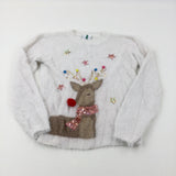 Rudolph Sequinned Colourful White Fluffy Knitted Jumper - Girls 13-14 Years