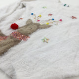 Rudolph Sequinned Colourful White Fluffy Knitted Jumper - Girls 13-14 Years