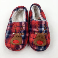 Rudolph Appliqued Red & Navy Tartan Slippers - Size 12-13