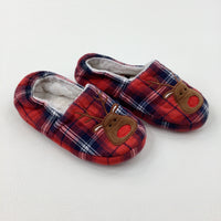 Rudolph Appliqued Red & Navy Tartan Slippers - Size 12-13