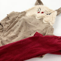 Christmas Pudding Beige Dungaree Romper & Burgundy Knitted Tights - Girls 9-12 Months