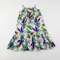 Tropical Flowers & Leaves White Dress - Girls 6-7 Years