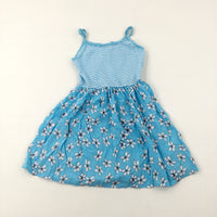 Flowers Blue Striped Dress - Girls 6-7 Years