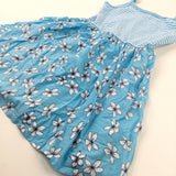 Flowers Blue Striped Dress - Girls 6-7 Years