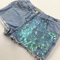 Sequinned Light Blue Denim Shorts With Adjustable Waist - Girls 8-9 Years