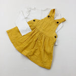 White Long Sleeve Top & Yellow Cord Dungaree Dress Set - Girls 18-24 Months