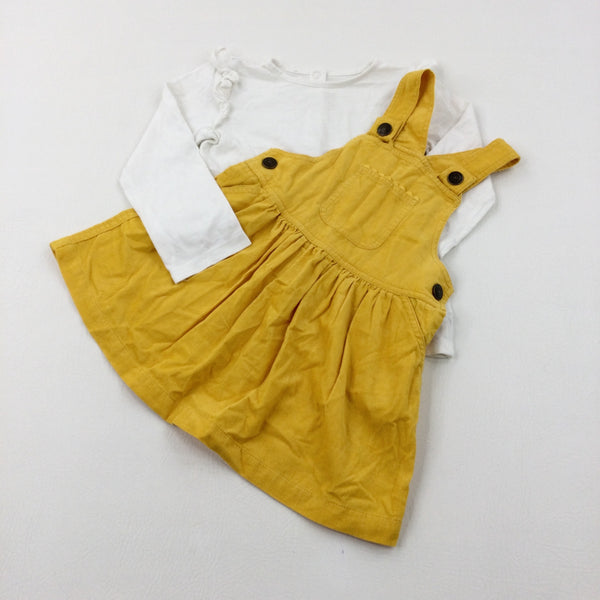 White Long Sleeve Top & Yellow Cord Dungaree Dress Set - Girls 18-24 Months