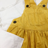 White Long Sleeve Top & Yellow Cord Dungaree Dress Set - Girls 18-24 Months