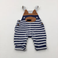 Bear Appliqued Navy & Grey Striped Dungarees - Boys 0-3 Months