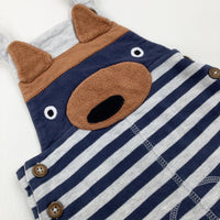 Bear Appliqued Navy & Grey Striped Dungarees - Boys 0-3 Months