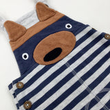 Bear Appliqued Navy & Grey Striped Dungarees - Boys 0-3 Months