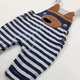 Bear Appliqued Navy & Grey Striped Dungarees - Boys 0-3 Months