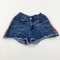 Patterned Embroidered Blue Denim Shorts With Adjustable Waist - Girls 8-9 Years