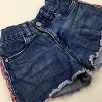 Patterned Embroidered Blue Denim Shorts With Adjustable Waist - Girls 8-9 Years
