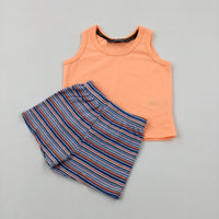 Neon Orange Vest Top & Blue Striped Jersey Shorts Set - Boys 3-6 Months