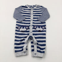 Monkeys Appliqued Navy & Grey Striped Romper - Boys 3-6 Months