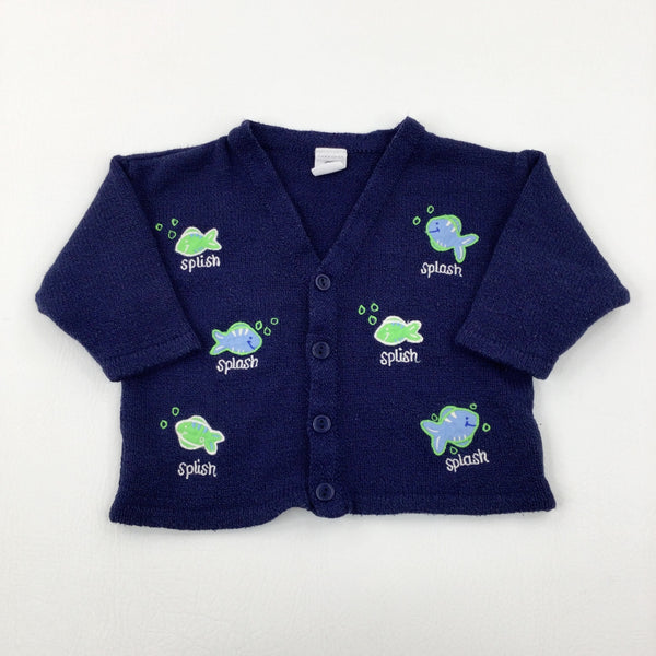 'Splish Splash' Fish Appliqued Navy Knitted Cardigan - Boys 6-9 Months