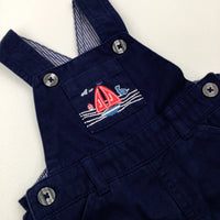 'JJ' Boat Embroidered Navy Short Dungarees - Boys 6-9 Months