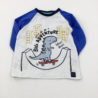 'Big Adventure' Dinosaur Blue & White Long Sleeve Top - Boys 9-12 Months