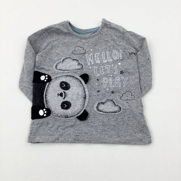 'Hello! Let's Play' Panda Appliqued Grey Long Sleeve Top - Boys 9-12 Months