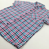 Blue & Pink Checked Short Sleeved Shirt - Boys 12-13 Years